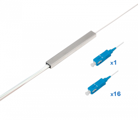 Планарный оптический делитель на 16 отводов, оконцованный коннекторами SC/UPC. В бескорпусном исполнении, отводы 0,9мм длиной 1м.