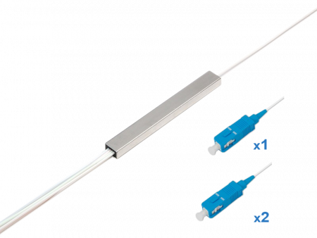 Планарный оптический делитель на 2 отвода, оконцованный коннекторами SC/UPC. В бескорпусном исполнении, отводы 0,9мм длиной 1м.