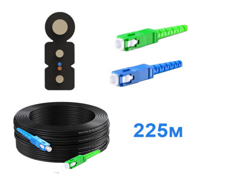 Оптический патч-корд для внешней прокладки изготовлен из FTTH кабеля 2*3 мм, с волокном стандарта G-657. Оконцован коннекторами - SC/APC-SC/UPC. Длина 225 метров.