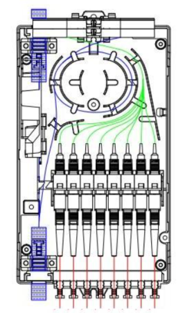 Коробка FTTH 8 портов для установки в распределительных щитах подъездов многоквартирных домов.