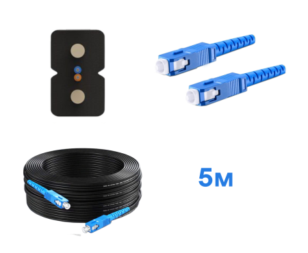 Оптический патч-корд для внешней прокладки изготовлен из  FTTH кабеля 2*3 мм, с волокном стандарта G-657. Оконцован коннекторами - SC/UPC. Длина 5 метров.