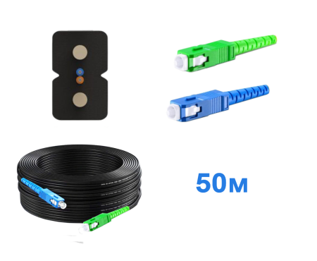 Оптический патч-корд для внешней прокладки изготовлен из  FTTH кабеля 2*3 мм, с волокном стандарта G-657. Оконцован коннекторами - SC/APC-SC/UPC. Длина 50 метров.