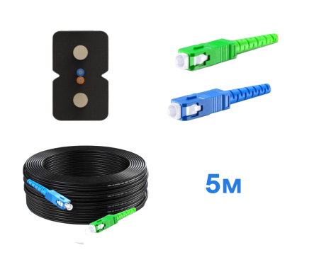 Оптический патч-корд для внешней прокладки изготовлен из  FTTH кабеля 2*3 мм, с волокном стандарта G-657. Оконцован коннекторами - SC/APC-SC/UPC. Длина 5 метров.